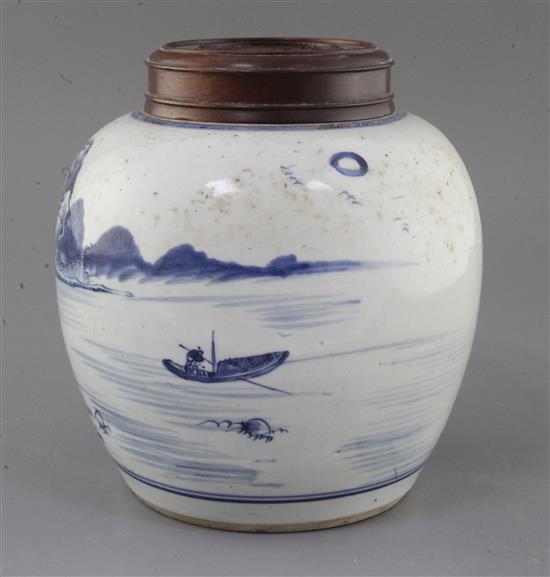 A Chinese blue and white ovoid jar, 18th century, total height 23.5cm including pierced wood cover